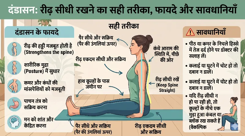 दंडासन में रीढ़ को सीधा रखने का सही तरीका विधि, फायदे, गलतियाँ और सावधानियाँ