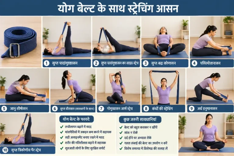 योग बेल्ट के साथ स्ट्रेचिंग आसन विधि, लाभ और सावधानियां
