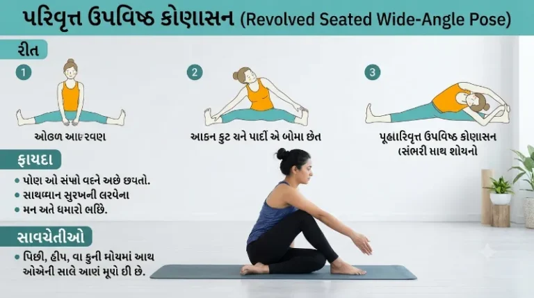પરિવૃત્ત ઉપવિષ્ઠ કોણાસન કેવી રીતે કરવું રીત, ફાયદા અને સાવચેતીઓ
