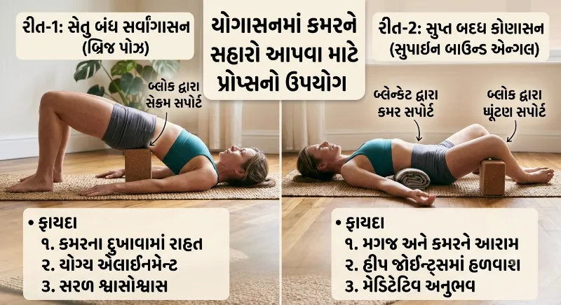 યોગાસનમાં કમરને સહારો આપવા માટે પ્રોપ્સનો ઉપયોગ રીત અને ફાયદા